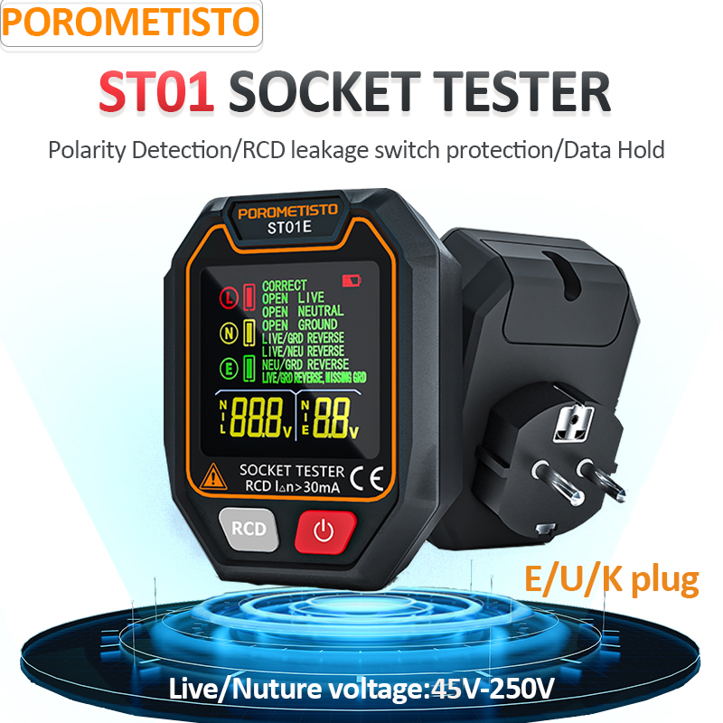 Power Tools Uk Review - POROMETISTO ST01 เครื่องทดสอบซ็อกเก็ตดิจิตอลหน้าจอสี UK/EU/US Circuit Checker