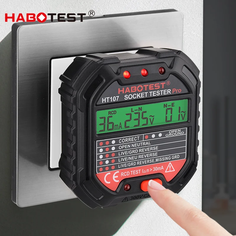 Power Tools Uk Review - เครื่องทดสอบซ็อกเก็ตดิจิตอล HT107 Pro, เครื่องตรวจจับแรงดันไฟฟ้าอัจฉริยะ 5mA/30mA พร้อมทดสอบ